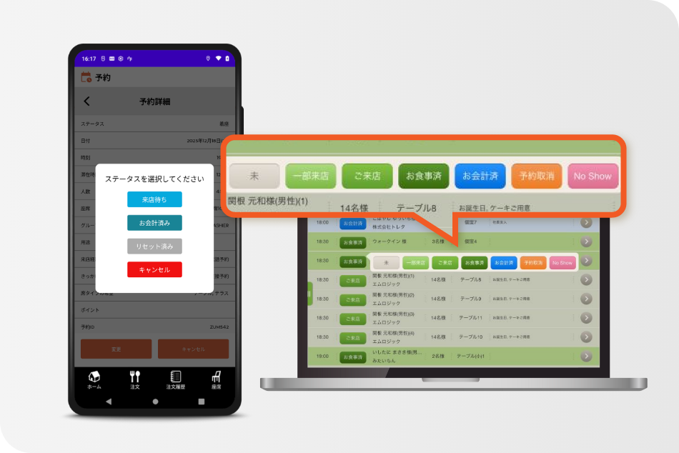 お客様の来店状況もハンディでもトレタでも共有