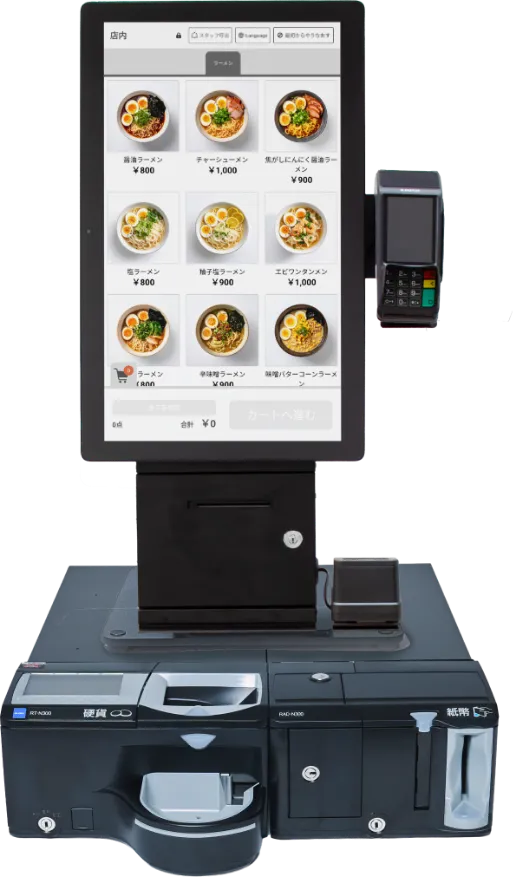 21インチ大型ディスプレイとレシートプリンターを内蔵したCASHIERオリジナルタッチパネル型券売機の外観