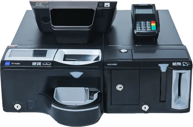 プリンター一体型POSレジと自動釣銭機を組み合わせたCASHIERオリジナルセミセルフレジの外観